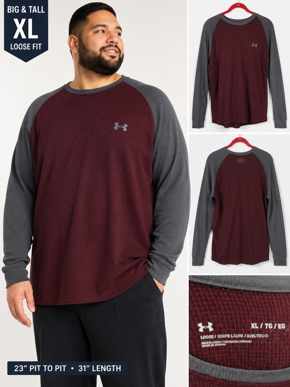 Under Armour Thermal Waffle Knit Shirt Burgundy Gray XL Men’s